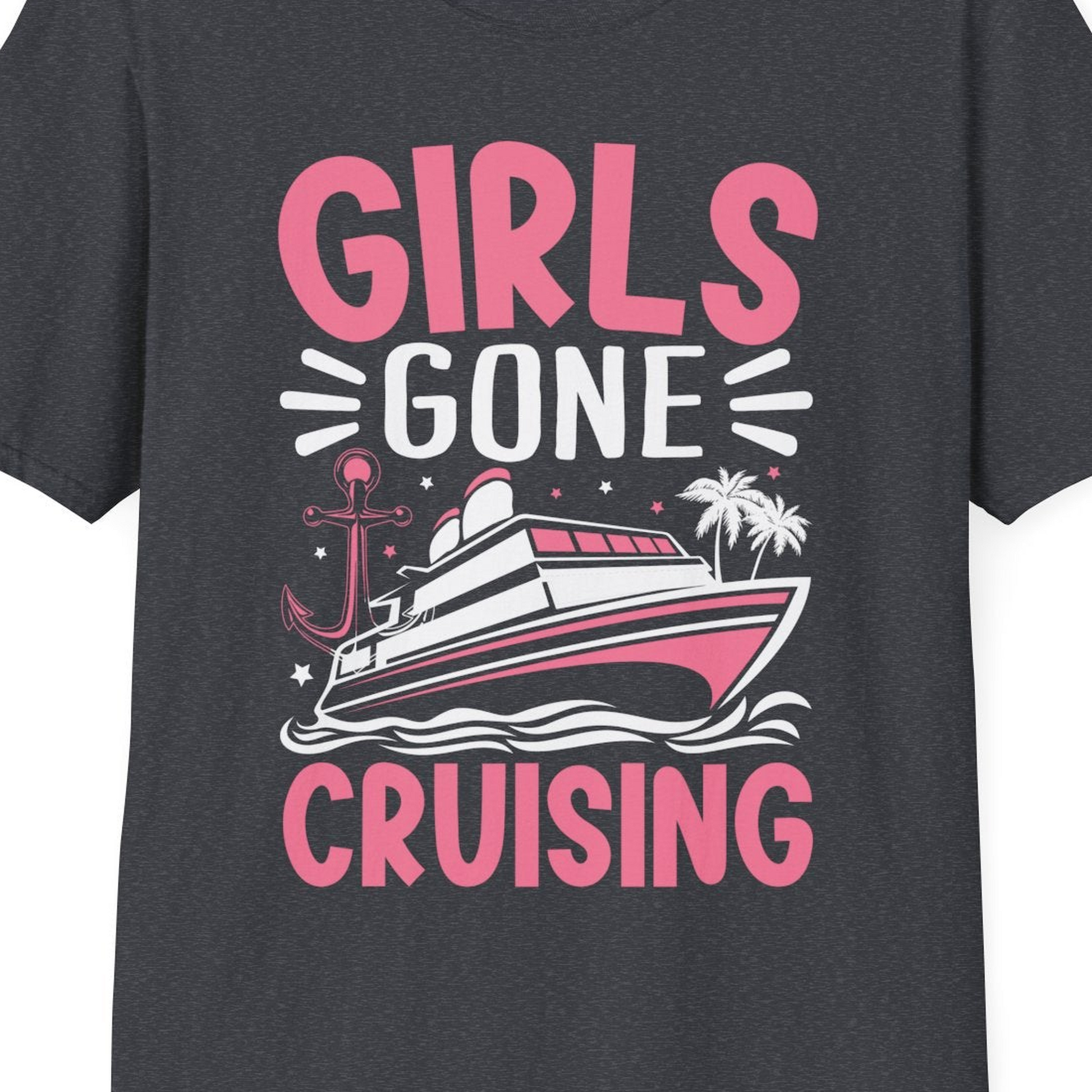 Girls Gone Cruising Tropical Pink Group Cruise Adventure Shirt — T-Shirt T-Shirt – Dark Heather Grey – Best Cruise Shirts Close Up