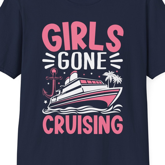 Girls Gone Cruising Tropical Pink Group Cruise Adventure Shirt — T-Shirt T-Shirt – Navy – Best Cruise Shirts Close Up