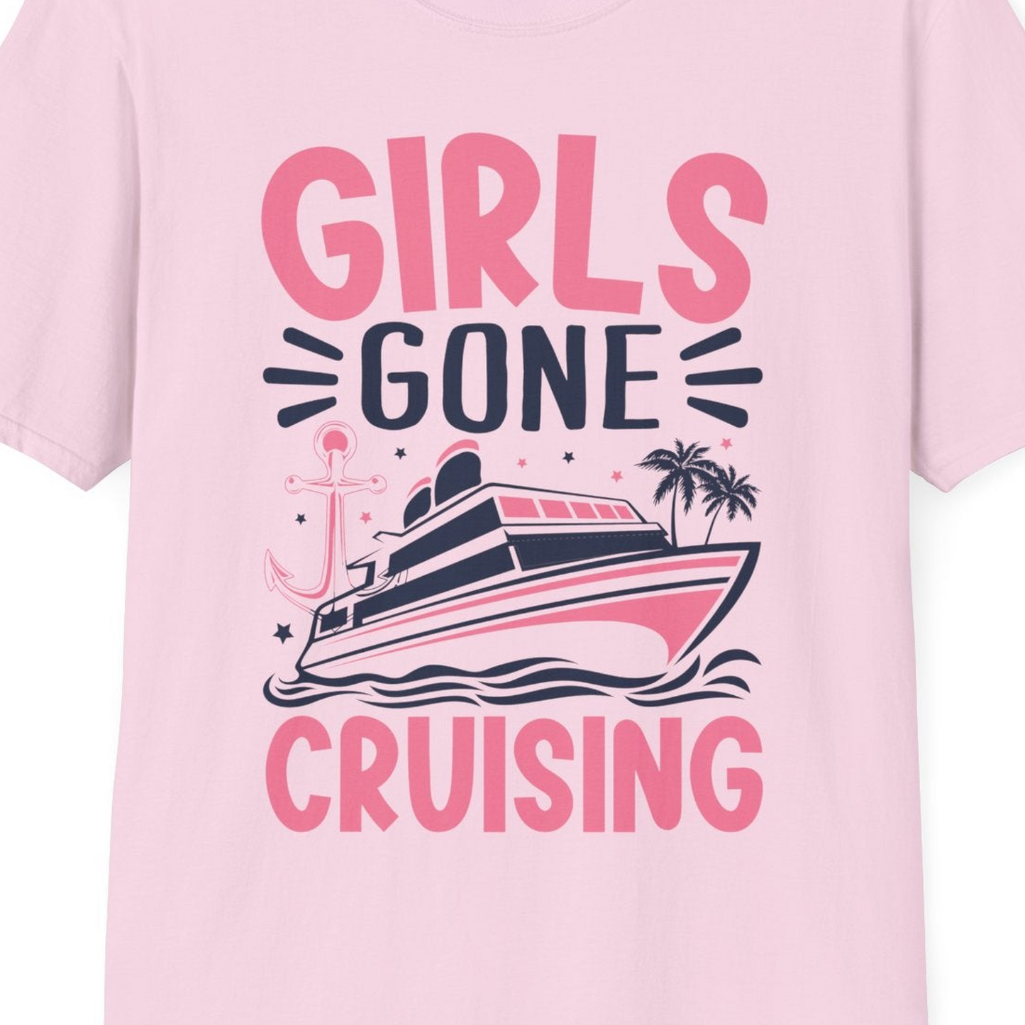 Girls Gone Cruising Tropical Pink Group Cruise Adventure Shirt — T-Shirt T-Shirt – Light Pink – Best Cruise Shirts Close Up