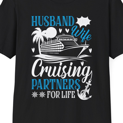 Husband Wife Cruising Partners for Life Nautical Couple Shirt — T-Shirt T-Shirt – Black – Best Cruise Shirts Close Up
