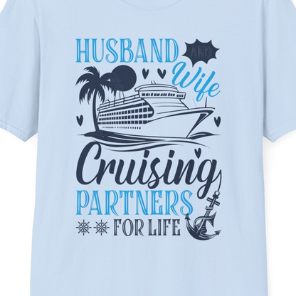 Husband Wife Cruising Partners for Life Nautical Couple Shirt — T-Shirt T-Shirt – Light Blue – Best Cruise Shirts Close Up
