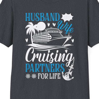 Husband Wife Cruising Partners for Life Nautical Couple Shirt — T-Shirt T-Shirt – Dark Heather Grey – Best Cruise Shirts Close Up