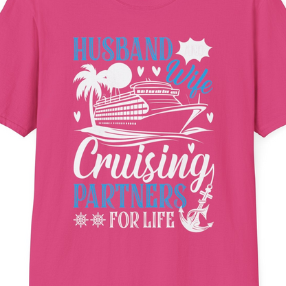 Husband Wife Cruising Partners for Life Nautical Couple Shirt — T-Shirt T-Shirt – Heliconia – Best Cruise Shirts Close Up