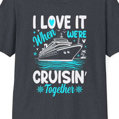 Cruisin Together Romantic Nautical Cruise Couple Shirt Blue and White — T-Shirt T-Shirt – Dark Heather Grey – Best Cruise Shirts Close Up