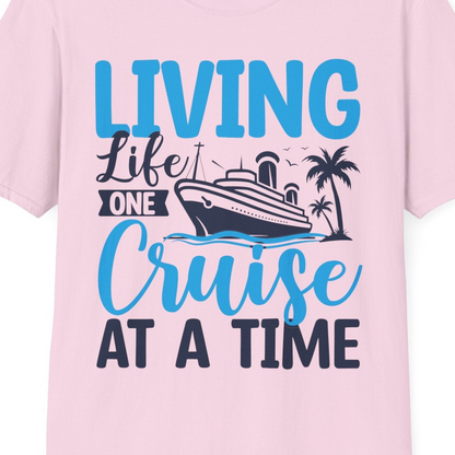 Living Life One Cruise at a Time Nautical Tropical Cruise Shirt — T-Shirt T-Shirt – Light Pink – Best Cruise Shirts Close Up