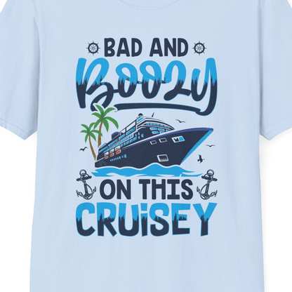 Bad and Boozy Cruise Shirt T-Shirt – Light Blue – Best Cruise Shirts Close Up