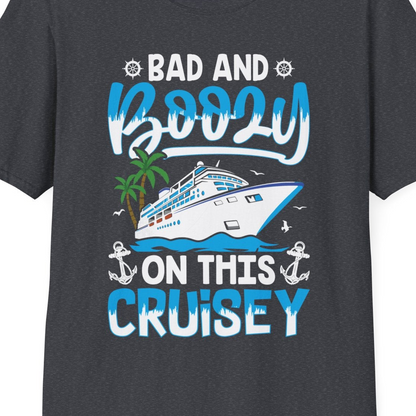 Bad and Boozy Cruise Shirt T-Shirt – Dark Heather Grey – Best Cruise Shirts Close Up