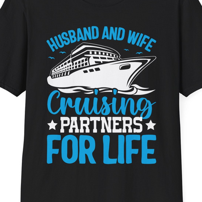 Husband and Wife Cruising Partners for Life Nautical Cruise Shirt — T-Shirt T-Shirt – Black – Best Cruise Shirts Close Up