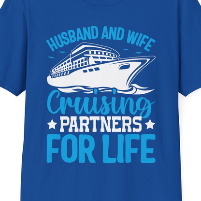 Husband and Wife Cruising Partners for Life Nautical Cruise Shirt — T-Shirt T-Shirt – Royal – Best Cruise Shirts Close Up