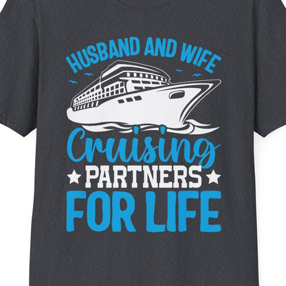 Husband and Wife Cruising Partners for Life Nautical Cruise Shirt — T-Shirt T-Shirt – Dark Heather Grey – Best Cruise Shirts Close Up