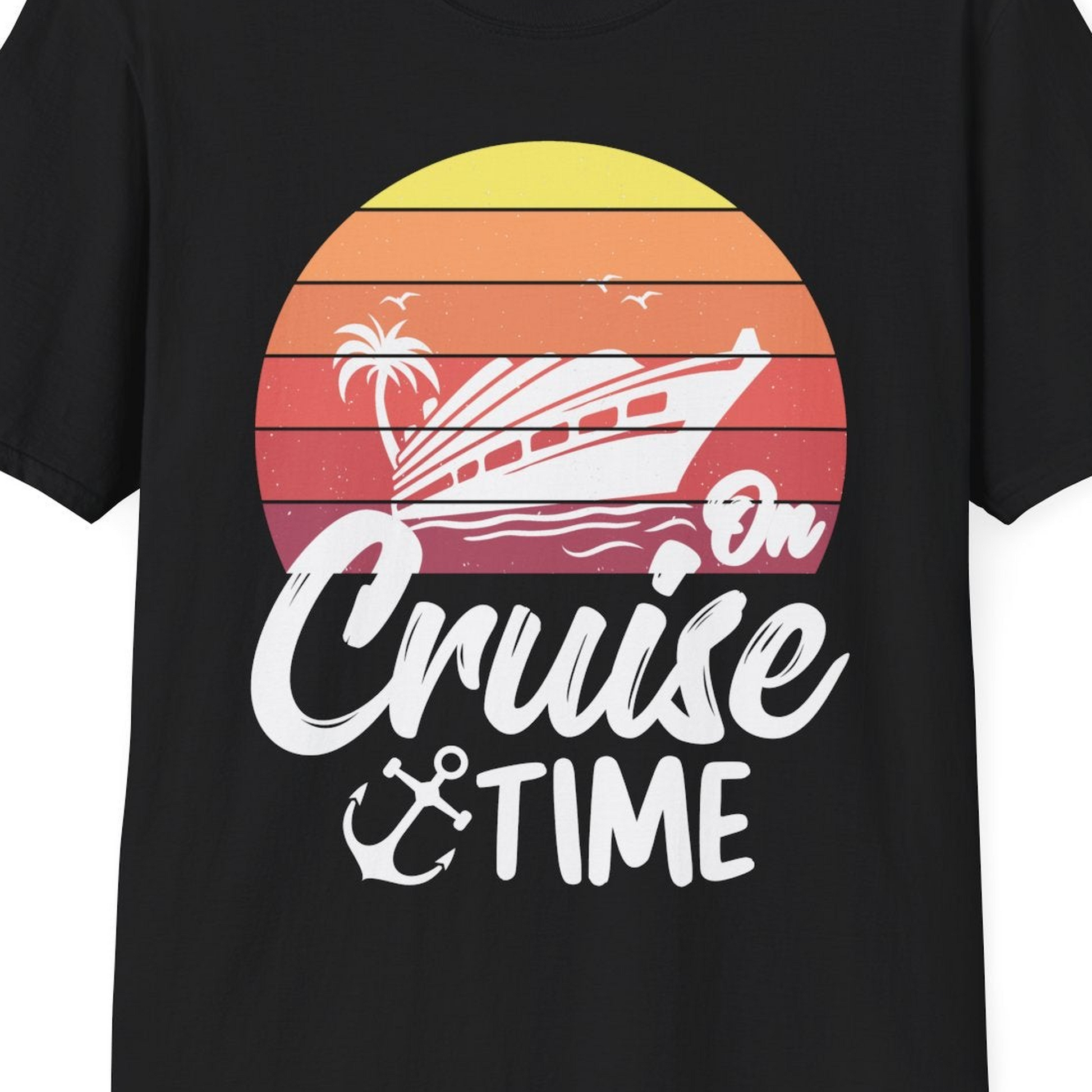 Retro Sunset Cruise Ship Palm Tree Anchor T-Shirt – Black – Best Cruise Shirts Close Up