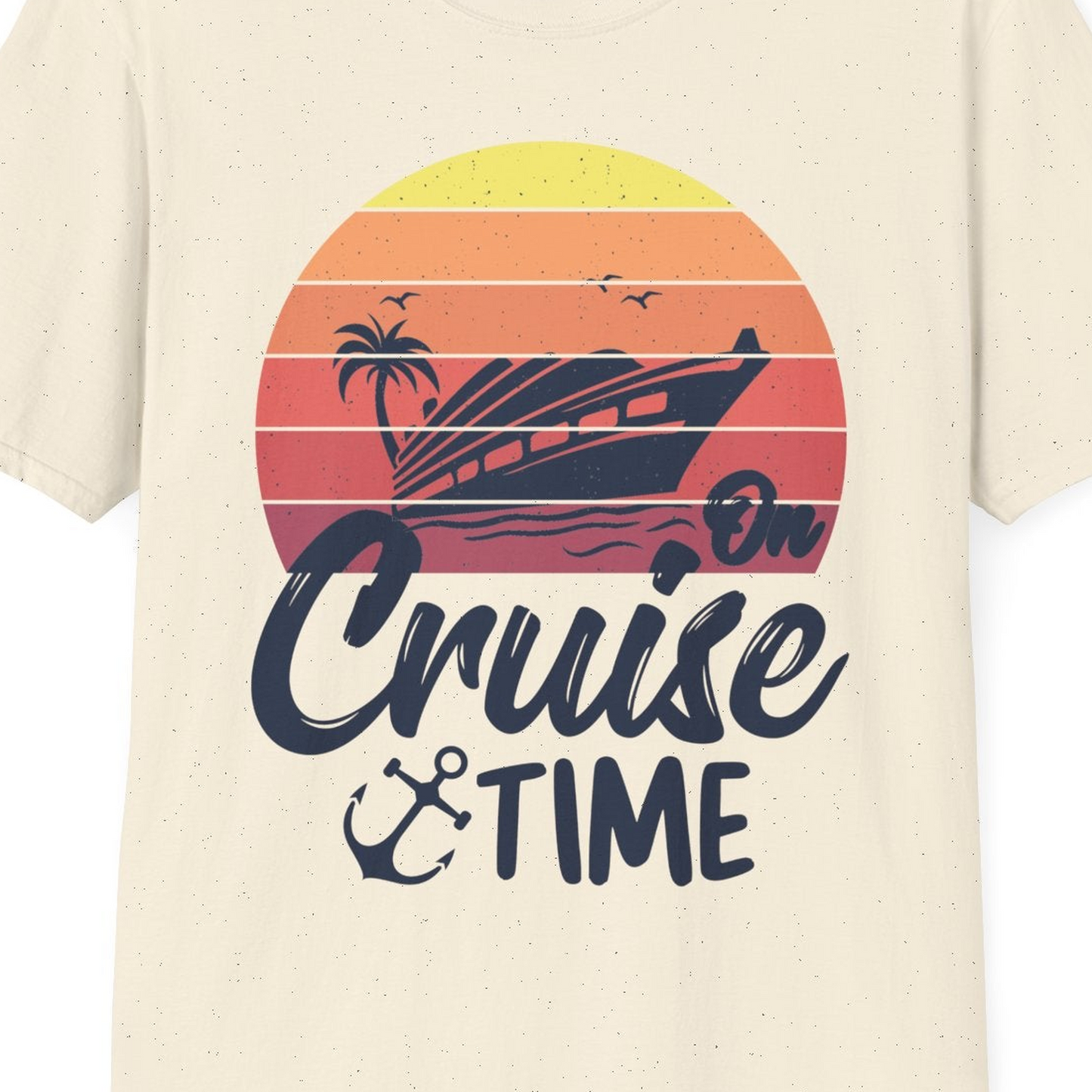 Retro Sunset Cruise Ship Palm Tree Anchor T-Shirt – Natural – Best Cruise Shirts Close Up