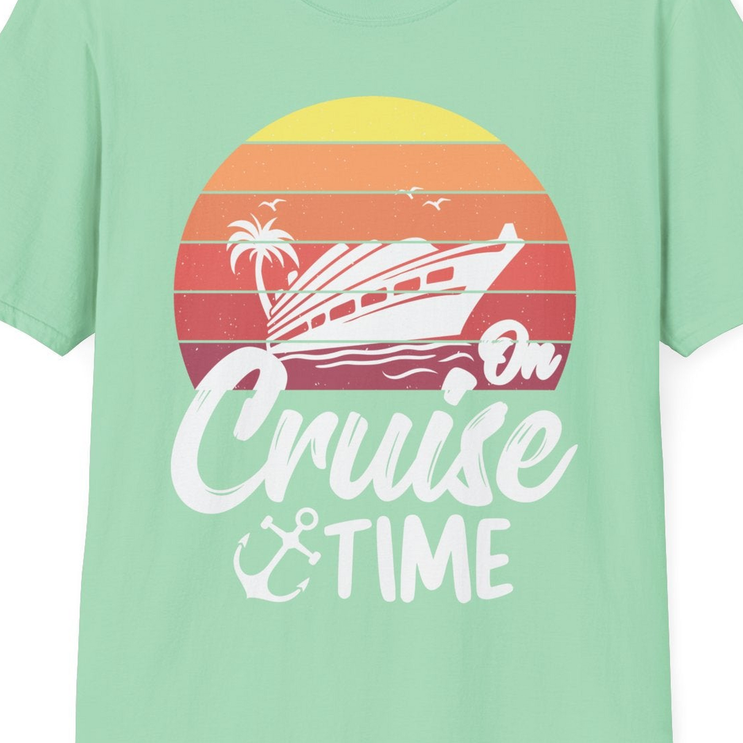 Retro Sunset Cruise Ship Palm Tree Anchor T-Shirt – Mint Green – Best Cruise Shirts Close Up