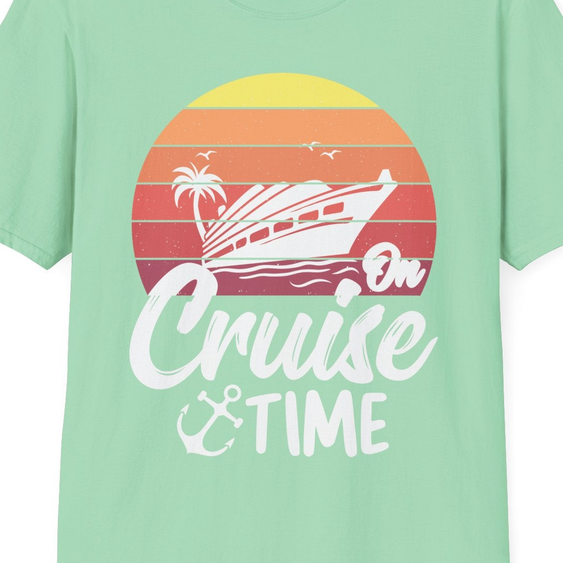 Retro Sunset Cruise Ship Palm Tree Anchor T-Shirt – Mint Green – Best Cruise Shirts Close Up