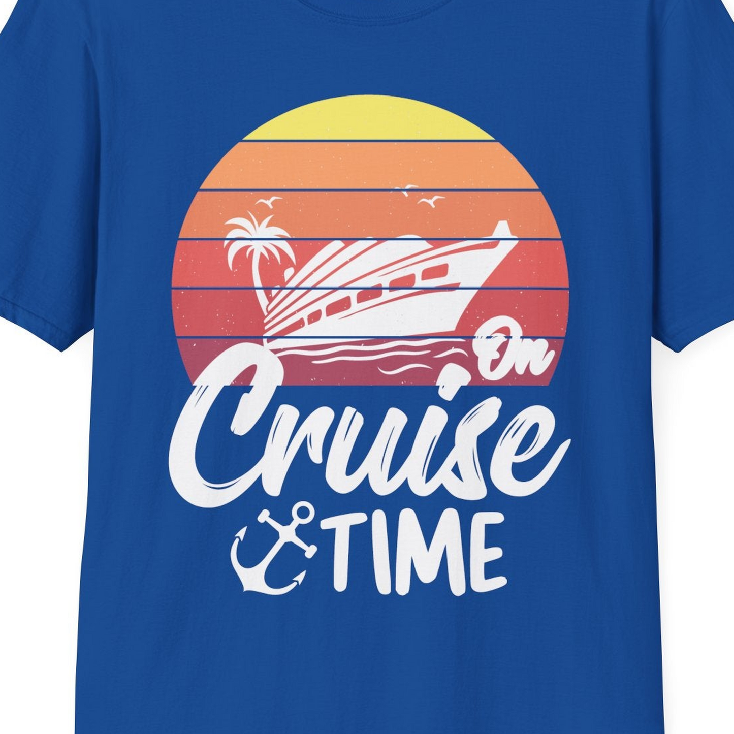 Retro Sunset Cruise Ship Palm Tree Anchor T-Shirt – Royal – Best Cruise Shirts Close Up