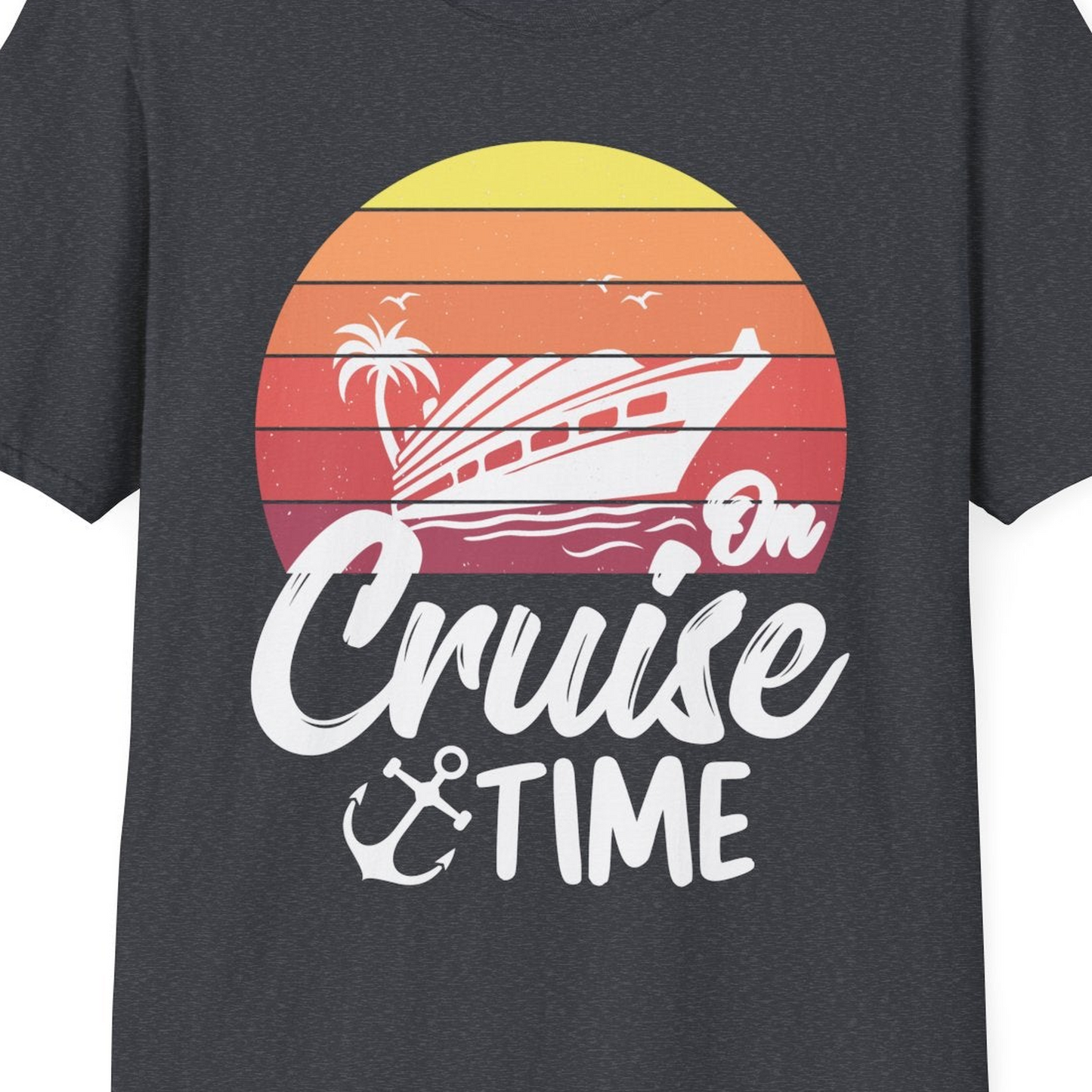 Retro Sunset Cruise Ship Palm Tree Anchor T-Shirt – Dark Heather Grey – Best Cruise Shirts Close Up