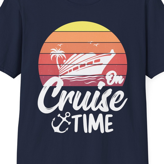 Retro Sunset Cruise Ship Palm Tree Anchor T-Shirt – Navy – Best Cruise Shirts Close Up