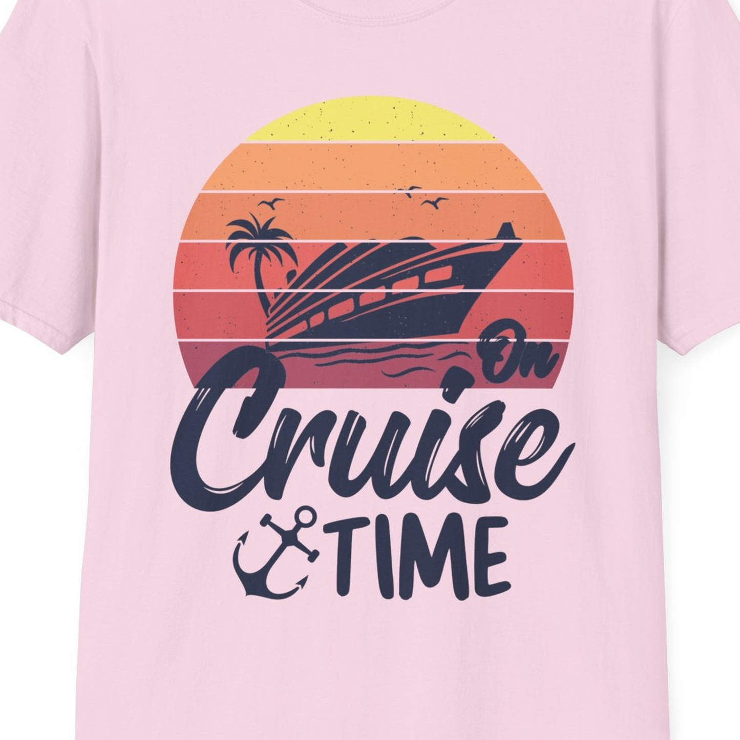 Retro Sunset Cruise Ship Palm Tree Anchor T-Shirt – Light Pink – Best Cruise Shirts Close Up