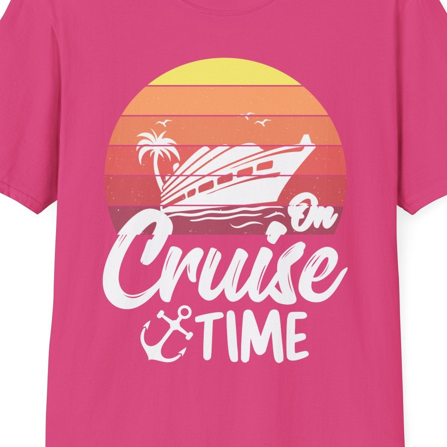 Retro Sunset Cruise Ship Palm Tree Anchor T-Shirt – Heliconia – Best Cruise Shirts Close Up