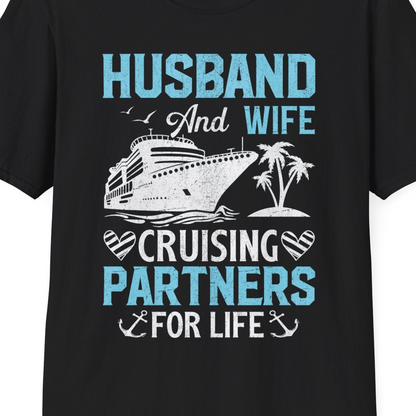 Husband and Wife Cruising Partners for Life Nautical Romance Shirt — T-Shirt T-Shirt – Black – Best Cruise Shirts Close Up