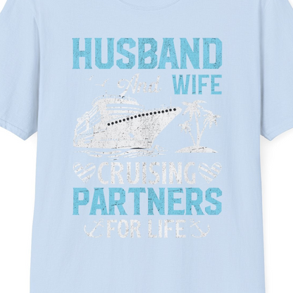 Husband and Wife Cruising Partners for Life Nautical Romance Shirt — T-Shirt T-Shirt – Light Blue – Best Cruise Shirts Close Up