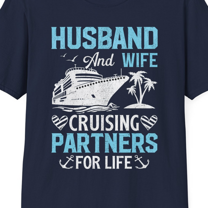 Husband and Wife Cruising Partners for Life Nautical Romance Shirt — T-Shirt T-Shirt – Navy – Best Cruise Shirts Close Up