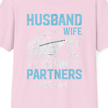 Husband and Wife Cruising Partners for Life Nautical Romance Shirt — T-Shirt T-Shirt – Light Pink – Best Cruise Shirts Close Up