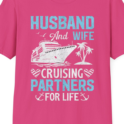 Husband and Wife Cruising Partners for Life Nautical Romance Shirt — T-Shirt T-Shirt – Heliconia – Best Cruise Shirts Close Up