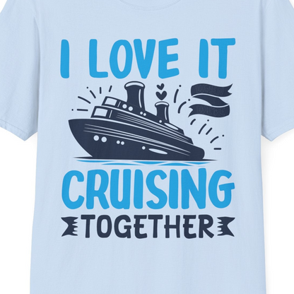 Romantic Cruise Ship Playful Hearts Cruising Together Shirt Design — T-Shirt T-Shirt – Light Blue – Best Cruise Shirts Close Up