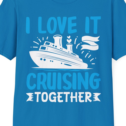 Romantic Cruise Ship Playful Hearts Cruising Together Shirt Design — T-Shirt T-Shirt – Sapphire – Best Cruise Shirts Close Up