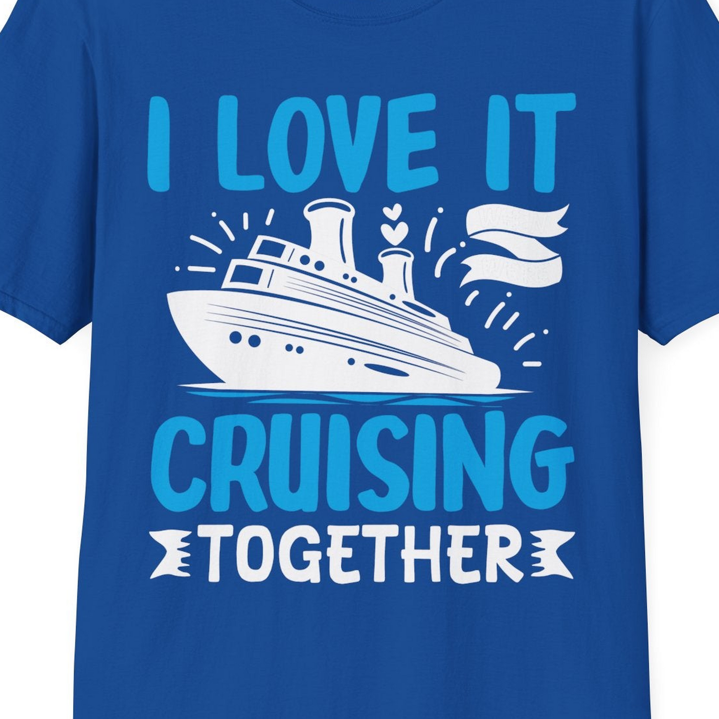 Romantic Cruise Ship Playful Hearts Cruising Together Shirt Design — T-Shirt T-Shirt – Royal – Best Cruise Shirts Close Up