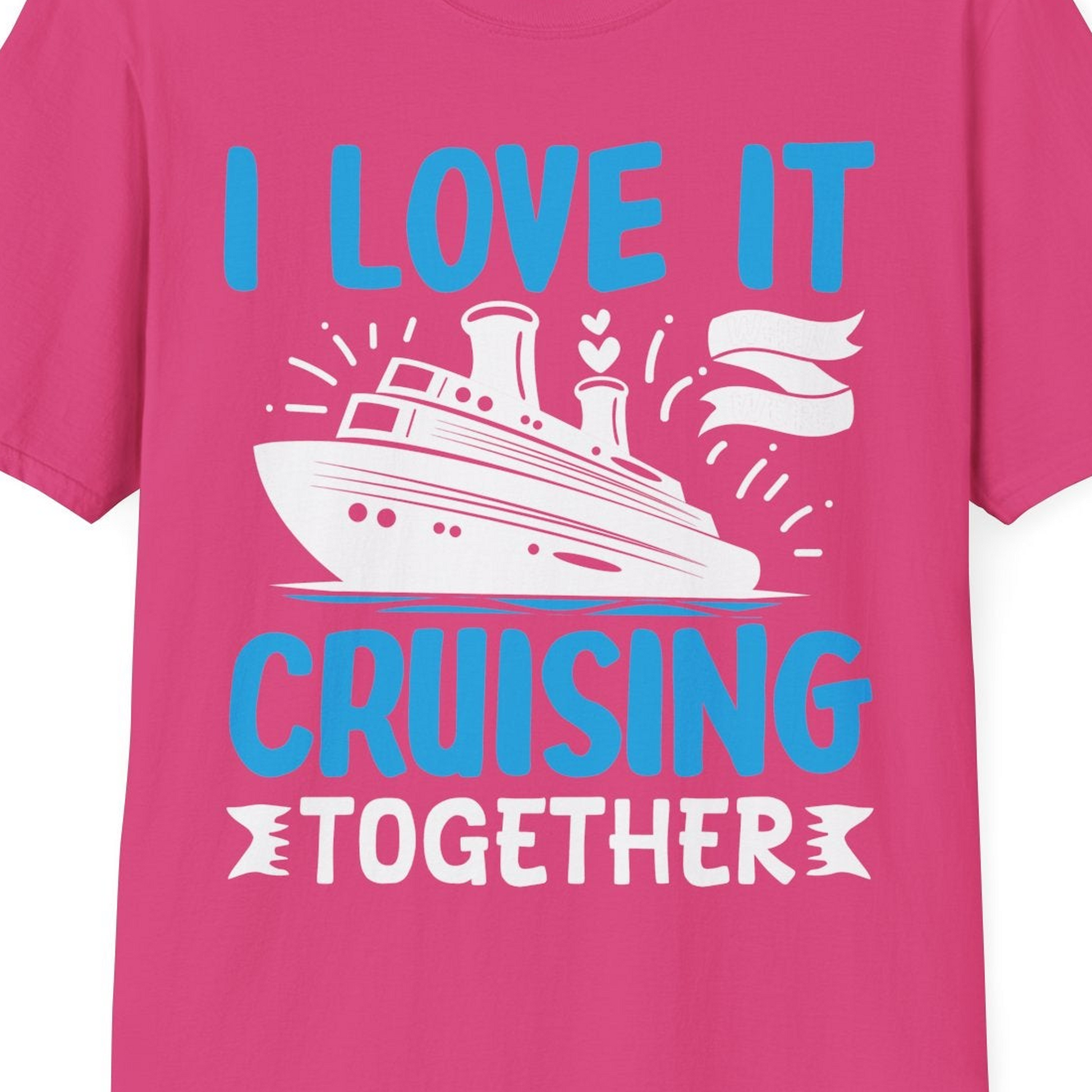 Romantic Cruise Ship Playful Hearts Cruising Together Shirt Design — T-Shirt T-Shirt – Heliconia – Best Cruise Shirts Close Up