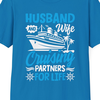 Husband and Wife Cruising Partners for Life Nautical Couples Shirt — T-Shirt T-Shirt – Sapphire – Best Cruise Shirts Close Up