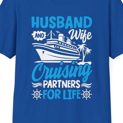 Husband and Wife Cruising Partners for Life Nautical Couples Shirt — T-Shirt T-Shirt – Royal – Best Cruise Shirts Close Up