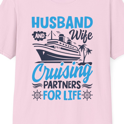 Husband and Wife Cruising Partners for Life Nautical Couples Shirt — T-Shirt T-Shirt – Light Pink – Best Cruise Shirts Close Up