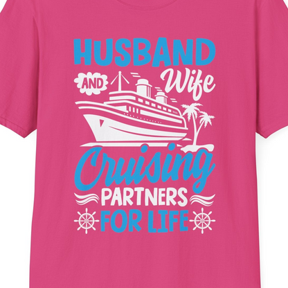 Husband and Wife Cruising Partners for Life Nautical Couples Shirt — T-Shirt T-Shirt – Heliconia – Best Cruise Shirts Close Up