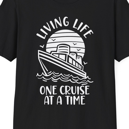 Living Life One Cruise at a Time Ocean Sunset Waves Graphic Shirt — T-Shirt T-Shirt – Black – Best Cruise Shirts Close Up