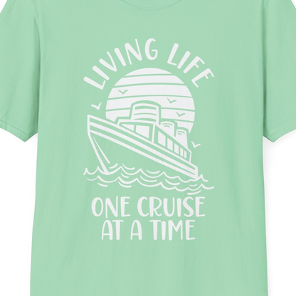 Living Life One Cruise at a Time Ocean Sunset Waves Graphic Shirt — T-Shirt T-Shirt – Mint Green – Best Cruise Shirts Close Up
