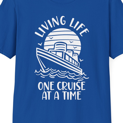 Living Life One Cruise at a Time Ocean Sunset Waves Graphic Shirt — T-Shirt T-Shirt – Royal – Best Cruise Shirts Close Up