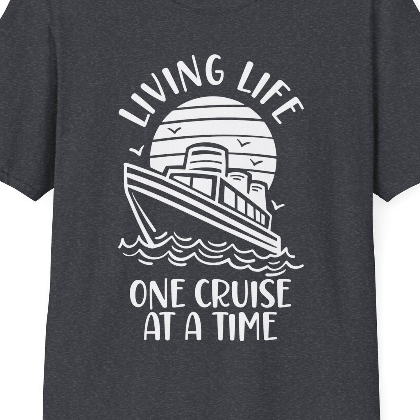 Living Life One Cruise at a Time Ocean Sunset Waves Graphic Shirt — T-Shirt T-Shirt – Dark Heather Grey – Best Cruise Shirts Close Up