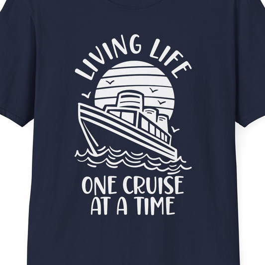 Living Life One Cruise at a Time Ocean Sunset Waves Graphic Shirt — T-Shirt T-Shirt – Navy – Best Cruise Shirts Close Up