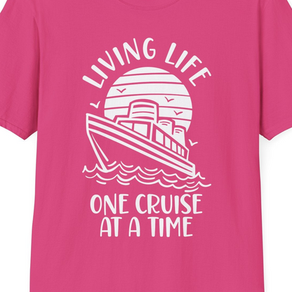 Living Life One Cruise at a Time Ocean Sunset Waves Graphic Shirt — T-Shirt T-Shirt – Heliconia – Best Cruise Shirts Close Up