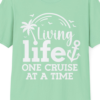 Living Life One Cruise at a Time Palm Tree Anchor Cruise Shirt — T-Shirt T-Shirt – Mint Green – Best Cruise Shirts Close Up