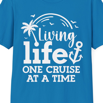 Living Life One Cruise at a Time Palm Tree Anchor Cruise Shirt — T-Shirt T-Shirt – Sapphire – Best Cruise Shirts Close Up