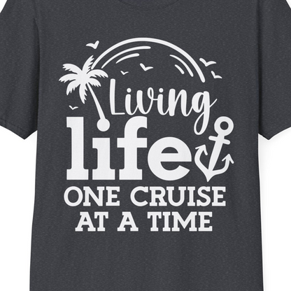 Living Life One Cruise at a Time Palm Tree Anchor Cruise Shirt — T-Shirt T-Shirt – Dark Heather Grey – Best Cruise Shirts Close Up