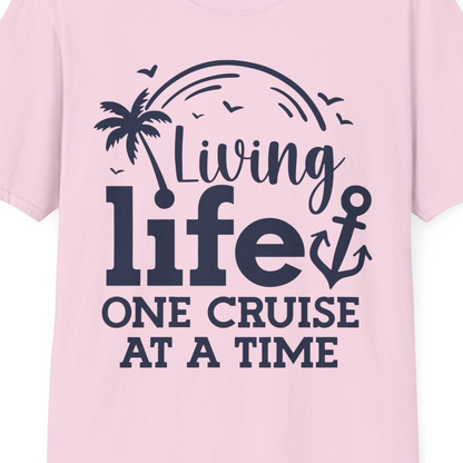 Living Life One Cruise at a Time Palm Tree Anchor Cruise Shirt — T-Shirt T-Shirt – Light Pink – Best Cruise Shirts Close Up