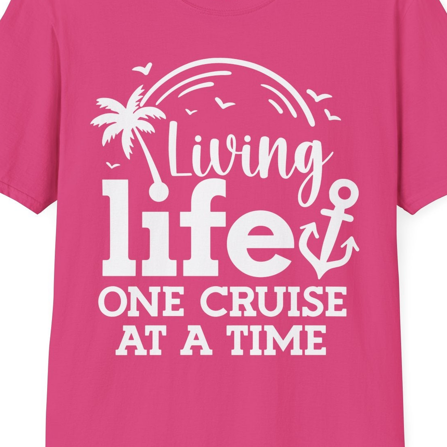 Living Life One Cruise at a Time Palm Tree Anchor Cruise Shirt — T-Shirt T-Shirt – Heliconia – Best Cruise Shirts Close Up
