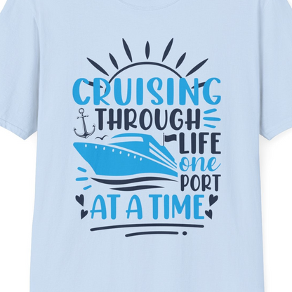Cruising Through Life One Port at a Time Nautical Cruise Shirt — T-Shirt T-Shirt – Light Blue – Best Cruise Shirts Close Up