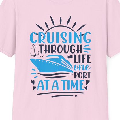 Cruising Through Life One Port at a Time Nautical Cruise Shirt — T-Shirt T-Shirt – Light Pink – Best Cruise Shirts Close Up