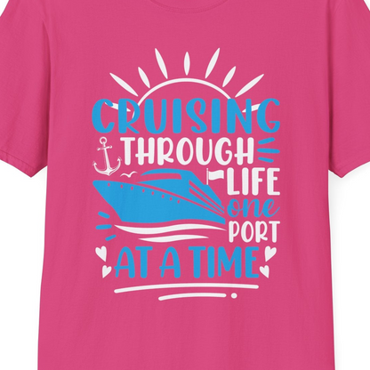 Cruising Through Life One Port at a Time Nautical Cruise Shirt — T-Shirt T-Shirt – Heliconia – Best Cruise Shirts Close Up